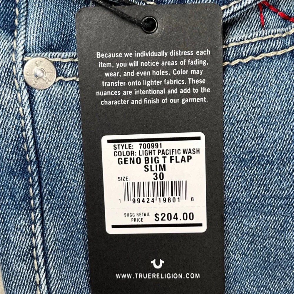 New True Religion Geno Big T Flap Jeans Men 30 Blue Relaxed Slim Red Stitch NWT